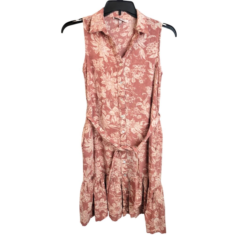 Harlow & Rose Shirt Dress Women's Medium Pink Floral Tie Waist Sleeveless pocket